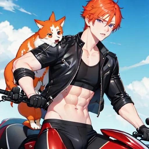 Prompt: Erikku 1male (short ginger hair, freckles, right eye blue left eye purple) muscular, riding a motorcycle