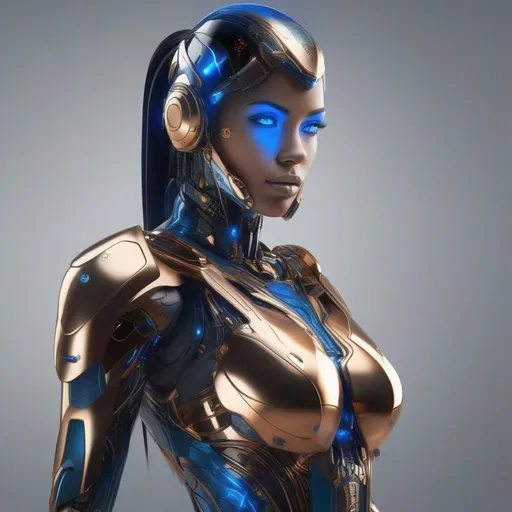 Prompt: a beautiful female cyborg, realistic proportions, correct proportions, detailed blue, black, gold, copper, jade tinted