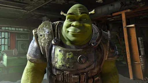 Prompt: Screenshot of Shrek character model wearing fallout power armor in Fallout 4