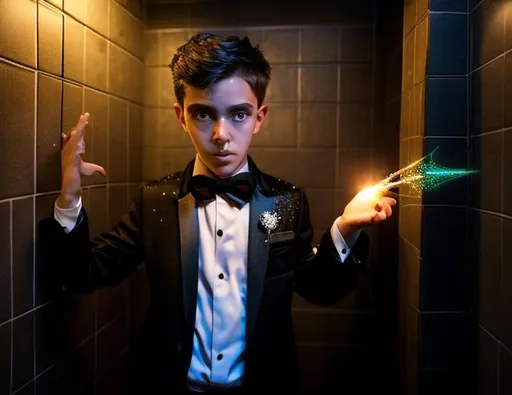 Prompt: 13 year old boy cast a crazy magic spell on someone inside the toilet stall with his magic wand from the outside. Only show the outside of the stall. Lots of sparkle magic from the magic spell spewing out from the top of the stall. Show the boy in the tuxedo with his magic wand casting the spell outside the stall 