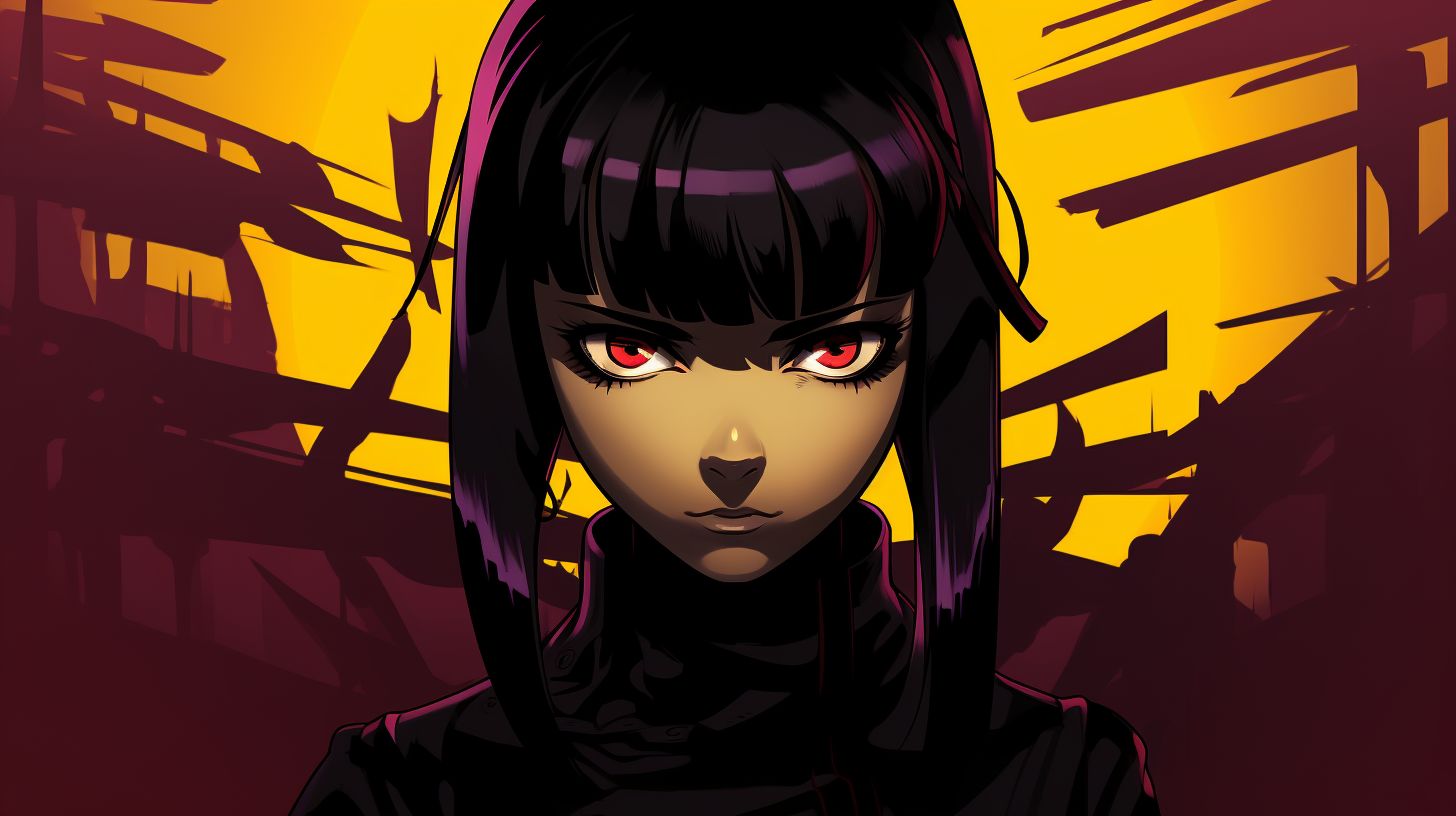 Prompt: an anime cartoon girl posing, in the style of Toonami, with a hard edge aesthetic. The colors are predominantly dark black and yellow, inspired by Japanese prints. The background features dark purple and red hues with jagged edges, giving a sense of untrained artistic expression. This image should have a 3D render appearance, adding depth and realism to the anime character and background, in a wide ratio.