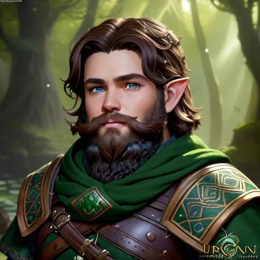 Prompt: young halfling man with brown hair and beard and dark blue eyes | wearing green druid clothes | ultra-fine details, intricate scene, ambient lighting, symmetrical facial features, accurate anatomy, sharp focus, final fantasy cgi still, artgerm, taken on nikon d750, scenic, splash art, tumblr instagram