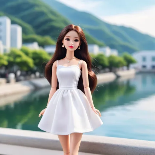 Prompt: A korean barbie doll (looks like wonyoung) with white casual dress, scenery, Instagram style, photography, slim waist