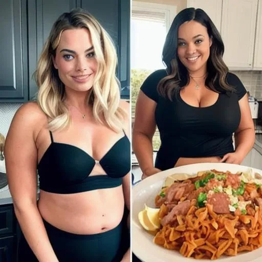 Prompt: margot robbie with a fat obese stomach, eating a big meal in her kitchen and rubbing her fat, obese belly