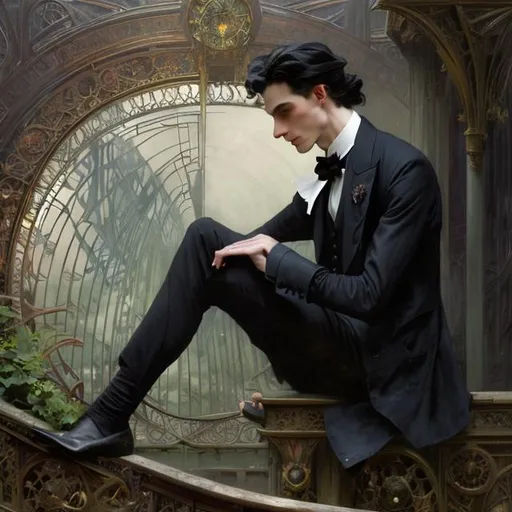 Prompt: Full body splash art, portrait of skinny male, poet, super long dark hair, pale skin, victorian clothes, top hat, solo picture, elegant, highly detailed, intricate, smooth, sharp focus, artstation, digital painting, concept art, art by greg rutkowski, alphonse mucha and John William Waterhouse, dark, eerie, gothic, creepy