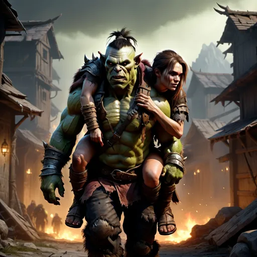 Prompt: male orc carrying a woman on his back to safety from battle, realistic skin texture, professional, highres, detailed, dramatic, rescue, urban, intense lighting, atmospheric