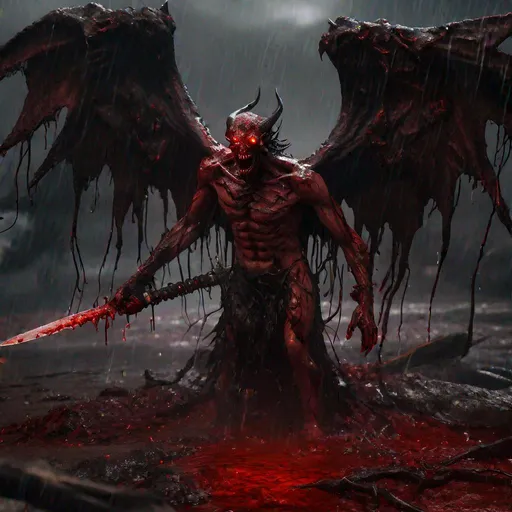 Prompt: An ancient tattered winged demon, emerging from a bloodbath holding a fiery sword, blood rain, dripping wet, black ooze, dead bodies, torn apart, on the ground, detailed scene, digital painting, glowing red eyes, smokey, foggy, hyperrealistic, fantasy, Surrealist, artstation, highly detailed, sharp focus, wide angle shot, sci-fi, stunningly beautiful, dystopian, cinematic lighting, dark fantasy, hell