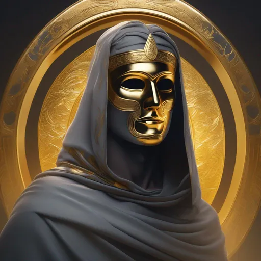 Prompt: A Human Male with deathly gray skin, in a toga, wearing a face covering golden mask