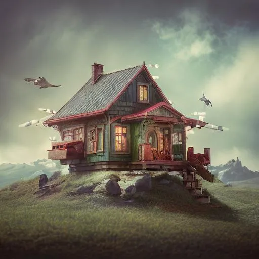 Prompt: photorealistic flying house, many details, Ultra detailed, octane render, by Alexander Jansson