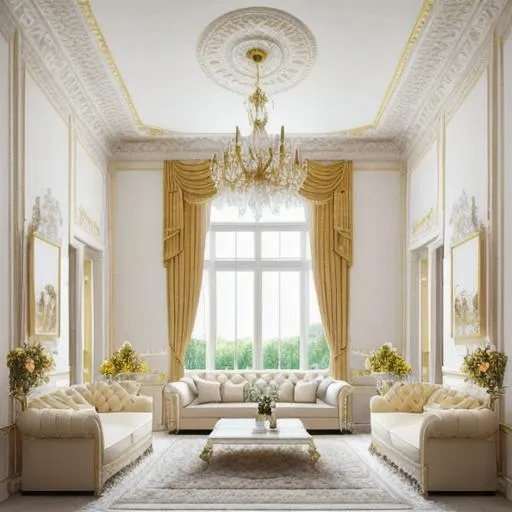 Prompt: the fairy-inspired living room mansion, white golden walls, white wallpaper, countryside, big windows, mansion, golden, soft pastel colours, marble floors, perfect composition, hyperrealistic, super detailed, 8k, high quality, trending art, trending on artstation, nostalgic style, sharp focus, studio photo, intricate details, highly detailed, 3d, water colours, river outside, roses, fairies flying, white decorations
