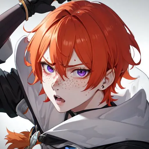 Prompt: Erikku male adult (short ginger hair, freckles, right eye blue left eye purple) UHD, 8K, Highly detailed, insane detail, best quality, high quality, in pain, angry