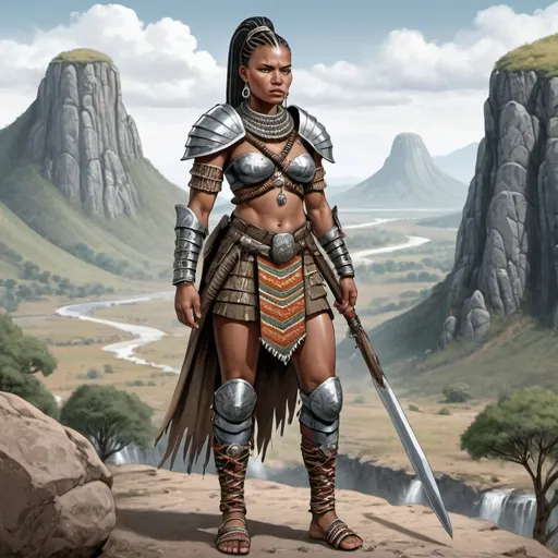 Prompt: Full body, Fantasy illustration of a female basotho Amazon warrior, 30 years old, grim expression, colorfull traditional basotho garment combined with an Amazone armour, black braided hair, high quality, rpg-fantasy, detailed, rocky african landscape background 