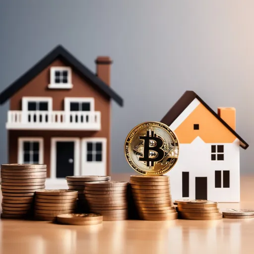 Prompt: a house with a bitcoin on top of it next to stacks of coins and a house model, Edi Rama, a stock photo, a chart arrow going up  