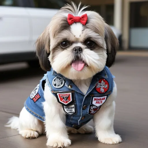 Prompt: Shih Tzu wearing a heavy metal music denim vest with patches