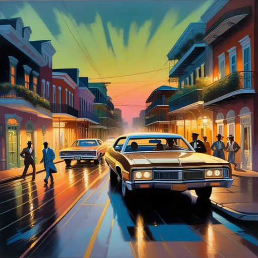 Prompt: 1970s, New Orleans at night, car chase, warm atmosphere, cartoony style, extremely detailed painting by Greg Rutkowski and by Henry Justice Ford and by Steve Henderson