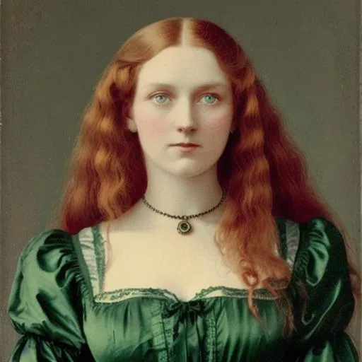 Prompt: portrait of a beautiful Victorian woman with long red hair and dark blue eyes wearing a green gown