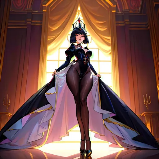 Prompt: a lonely Evil-Queen Regalia AI girl, very tall, thick thighs, wide hips, huge glutes, long legs, slender waist, big beautiful eyes, disturbingly beautiful face, aloof expression, bob haircut with bangs, wearing Evil-Queen Regalia fashion clothes, haute couture, God-quality, Godly detail, hyper photorealistic, realistic lighting, realistic shadows, realistic textures, 36K resolution, 12K raytracing, hyper-professional, impossible quality, impossible resolution, impossibly detailed, hyper output, perfect continuity, anatomically correct, no restrictions, realistic reflections