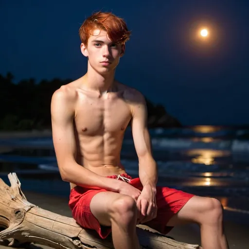 Prompt: Hot, slim, 19 year old guy with a slender physique sitting on a driftwood log on the beach after dark. He has on red swim trunks, and no shirt, he has short red hair buzzed shorter on the sides and back. Full body portrait. Realistic Lighting.  