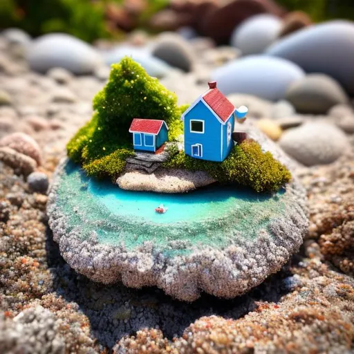 Prompt: Painted portrait of a tiny house on a tiny beach on a tiny world