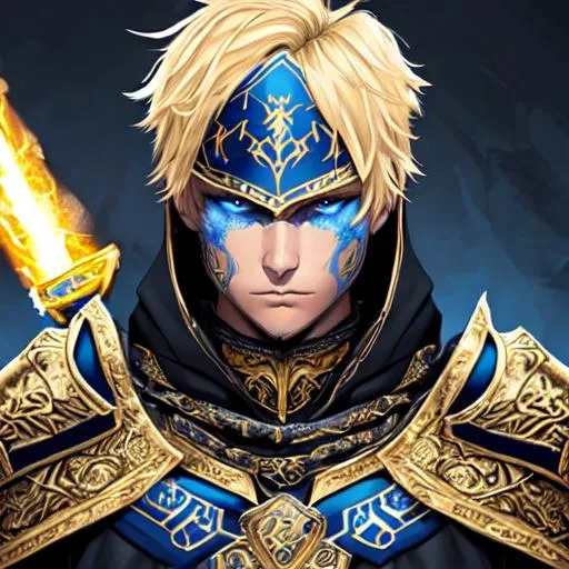 Prompt: black and blue and gold ornate armour with cape  warrior with handsome face and short blonde hair blue eyes surrounded by corpses and blue fire with sword maximalist detailed face with bandana and hood