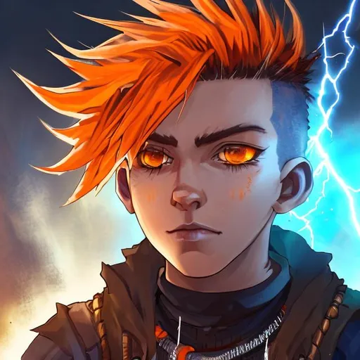 Prompt: 
male, 10 year old, orange and blue spikey hair, with minute black streaks in his hair, deep orange eyes, blue lightning earrings in both ears, white skin, long shot, elder scrolls art