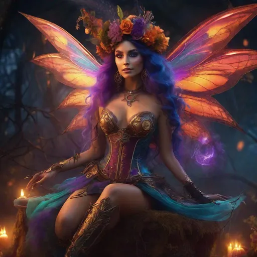 Prompt: (Epic). Cinematic. Shes a beautiful, ((colorful)), Steam Punk, cannabis, witch. (spectacular), Winged fairy, with a skimpy, ((colorful)), gossamer, flowing outfit, on a Halloween night. ((Wide angle)). Detailed Illustration. 8k.4k. Full body in shot. Hyper real painting. Photo real. A ((beautiful)), shapely, woman with, ((anatomically real hands)), and ((vivid)) colorful, ((bright)) eyes. Concept style art.  