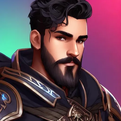 Prompt: fantasy,character design,male,dark-skinned,short hair on sides,longer hair on top,wavy hair,black hair,neatly-trimmed beard,necromancer,black armor,black clothes