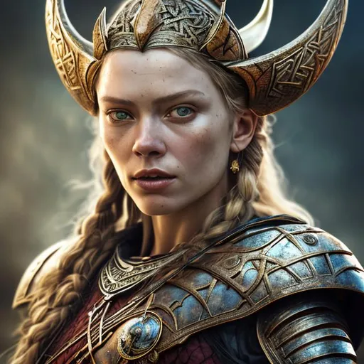 Prompt: "Prompt photo realistic colored portrait - Natural lighting and shadows - Rich textures and details - Realistic colors and proportions of a VIKING GOD FREYJA, centered in frame, facing camera, ideal human, 85mm lens,f8, photography, ultra details, natural light, light background, photo, Studio lighting, ultra high definition,, centered 