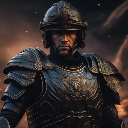 Prompt: A modern roman military male in black military roman armor, background sci fi war, Hyperrealistic, sharp focus, Professional, UHD, HDR, 8K, Render, electronic, dramatic, vivid, pressure, stress, nervous vibe, loud, tension, traumatic, dark, cataclysmic, violent, fighting, Epic