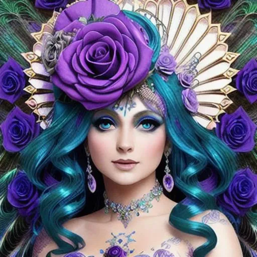 Prompt:  peacock fairy goddess, purple roses, facial closeup