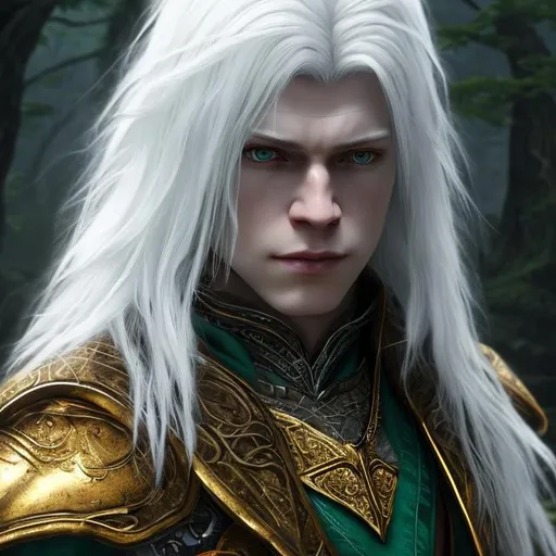 Prompt:  8K, HD, 3D, portrait of handsome albino male, photorealistic, noble strong wizard, Skyrim,pale beautiful face, grey stunning eyes, extra long white straight hair, elegant green wizard clothes, intricate, detailed, charming male, light contrast, noble, perfect anatomy, gothic dark room ambient, perfect male beauty, golden ratio