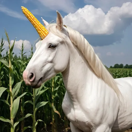 Prompt: a unicorn with an ear of corn for a horn