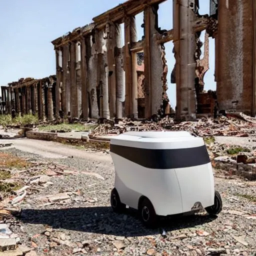 Prompt: delivery Robot hiking through the ruins of humanity