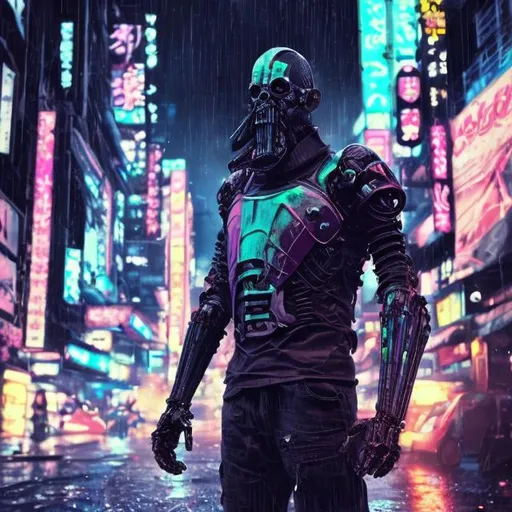 Prompt: New bearded villain. Futuristic. Bionic limbs. Black and neon. Gritty. Exhausted. Tattered and bruised. Anime. Neo tokyo. Holographic armour. Dark. In rain.