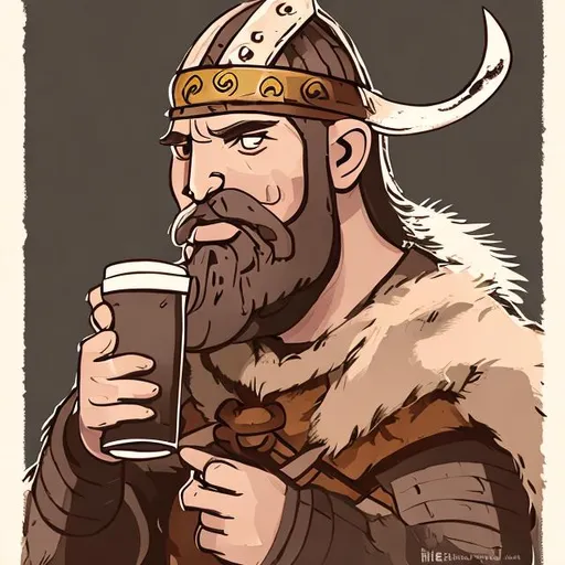 Prompt: A tired viking without a beard drinking coffee, digital art