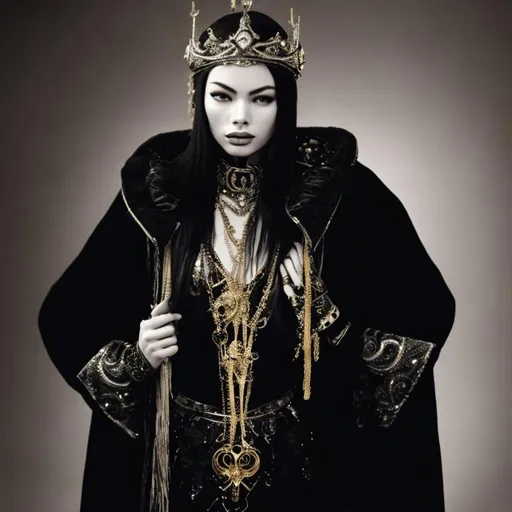 Prompt: Monochrome, miranda cosgrave, detailed face, beautidul face, queen, gold crown, black robe, gold jewelry, skinny body, thin body, anorexic body, thin face