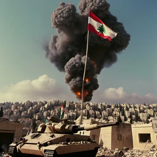 Prompt: Movie trailer album : lebanon beinh bombed by israel at jnoub in the front with the flag LEBANON with planes of war doinh jidar sor in the sky