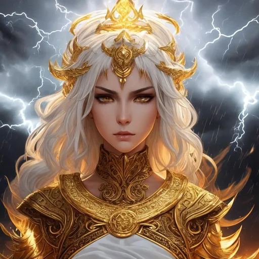 Prompt: dark fantasy art of Helios wearing intricate white and gold toga, tan skin, white hair, a thunderstorm in the background, dark clouds with lightning, lighting in hands, dark fantasy style, intricate details, lightning eyes, proportional face, pissed off mood, symmetrical face, dynamic shadows, dynamic lighting, trending on artstation, volumetric god rays, epic scene, HDR, vivid colors, dark gloomy tones. Dark souls fan art, epic