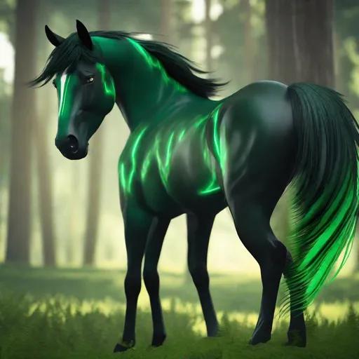 Prompt: horse animatronic hybrid, with focused emerald eyes. They identify as a Male. Emerald colored feathery tail. dark Green ombre mane and tail. UHD, HD, 4K, green haze, anime style, green and black coat, in the forest