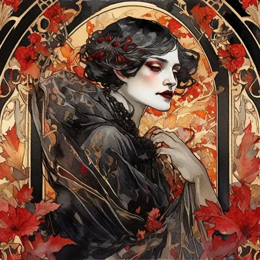 Prompt: "thin lines, Alphonse Mucha dynamic lighting hyperdetailed intricately detailed Splash art triadic hard colors, watercolour Portrait of female vampire covered in black flowers, roaring 20s aesthetic, Black and red, masterpiece hyperrealistic soft watercolour Portrait, thin Paintbrush floral, high Resolution, gold autumn Ornaments"