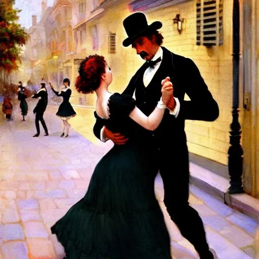 Prompt: man and woman dancing in a 19th century city street, impressionist style, high contrast