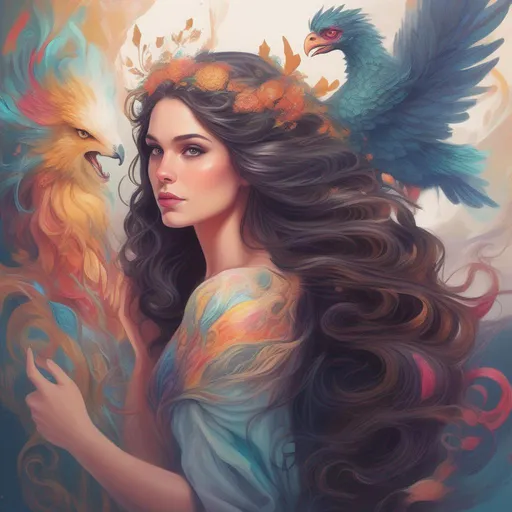 Prompt: A colourful and beautiful Persephone, brunette hair and with her hair being made out of magic, with a Griffin in a painted style