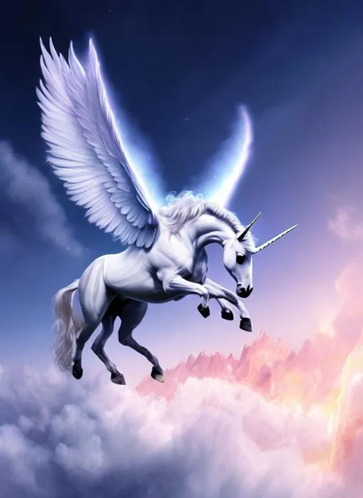 Prompt: white winged unicorn, realistic digital art painting, flying through space