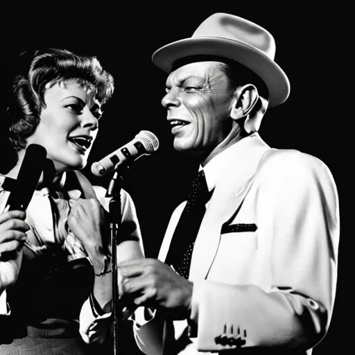 Prompt: Louise Armstrong and Frank Sinatra, singing together on a big stage. Realistic theme.