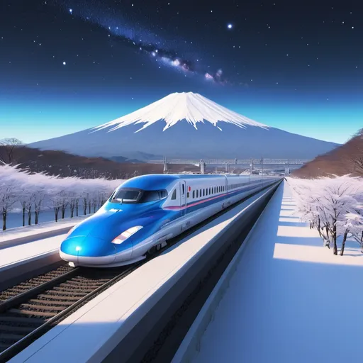 Prompt: Reference the Tōkaidō Shinkansen bullet train, depict the Shinkansen traveling between Tōkyō Station to Shin-Fuji Station from an exterior observers point of view. It should be a wide shot, panoramic views, snowy weather  at night from a distance, during a blizzard. The sky is lit with anime style colours. The stars and the planets are visible. Trending on Artstation, octane render, ultra detailed, art by Ross tran