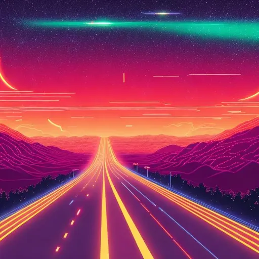 Prompt: retro highway scene, imperial japan, retrowave, neon, synthwave, vaporwave, highly detailed, galaxy sky, cosmos