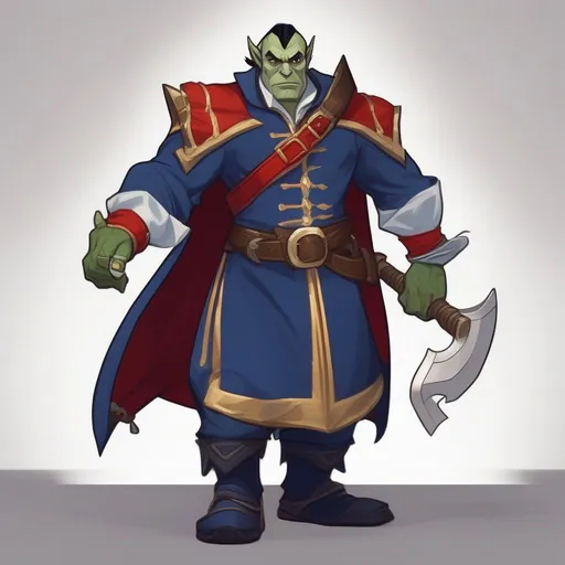 Prompt: Half-orc ,wearing Mage's Habit, primarily navy blue in color with gold trim white collar and red wrists, masterpiece, best quality, in cartoon style