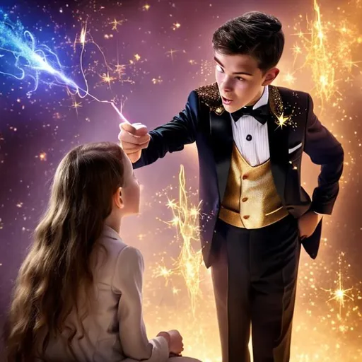 Prompt: 13 year old boy in a tuxedo casts a gold sparkle magic spell with his magic wand on a 5 year old girl. Girls mom screams in the background not knowing what kind of spell he cast on her daughter 