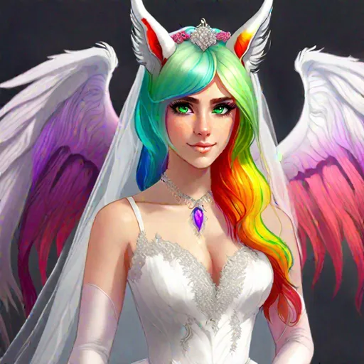 Prompt: Haley  as a demon horse hybrid (bright multi-color hair) (multi-color eyes) wearing a wedding dress (demon tail) (demon wings)