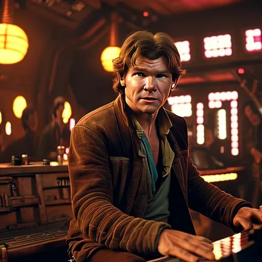 Prompt: Han Solo playing a Piano in a cantina bar while wearing classic clothing 